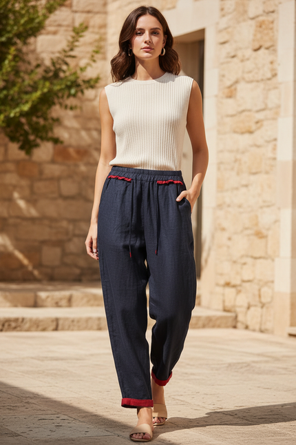 Pantalon En Lin Marine Cordon Fluide Décontracté