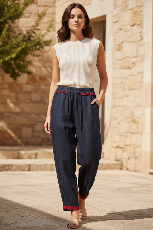 Pantalon En Lin Marine Cordon Fluide Décontracté