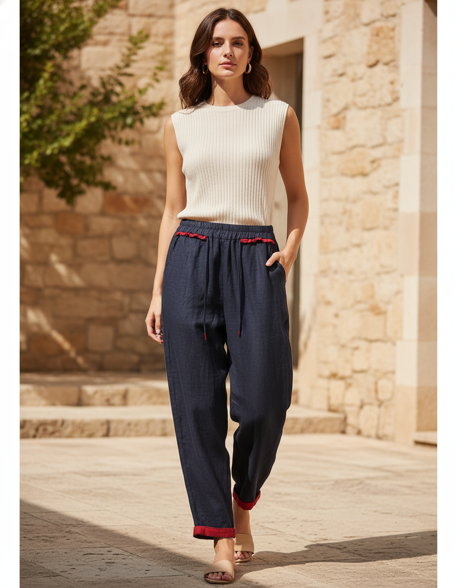 Pantalon En Lin Marine Cordon Fluide Décontracté