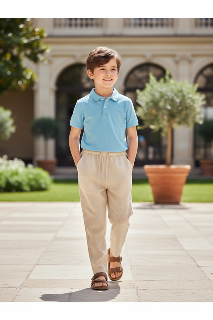 Pantalon En Lin Beige Coupe Droite Décontracté Enfant