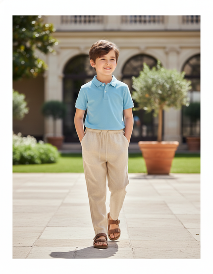 Pantalon En Lin Beige Coupe Droite Décontracté Enfant