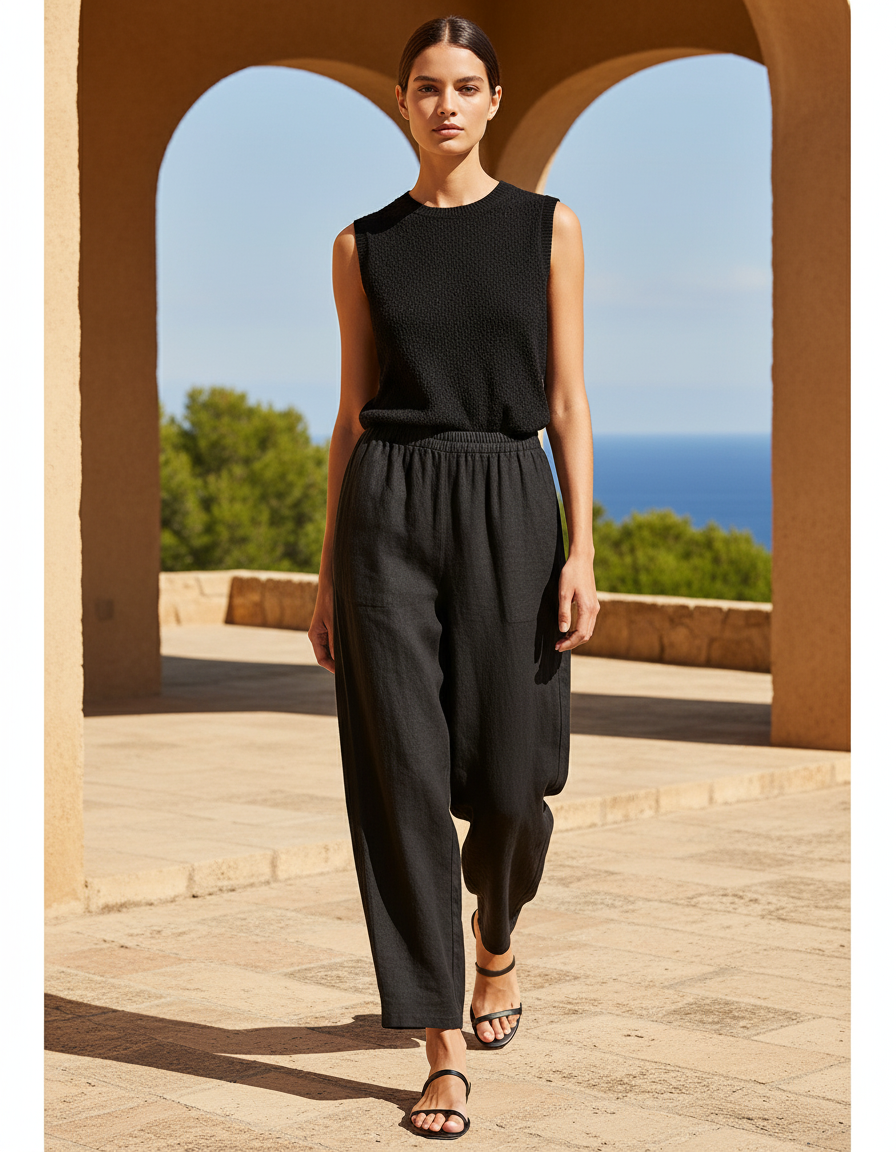 Pantalon En Lin Noir Ample Taille Élastique Femme