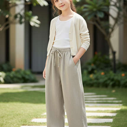 Pantalon En Lin Ample Coton Décontracté Taille Élastique - Kaki