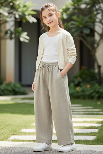 Pantalon En Lin Ample Coton Décontracté Taille Élastique - Kaki