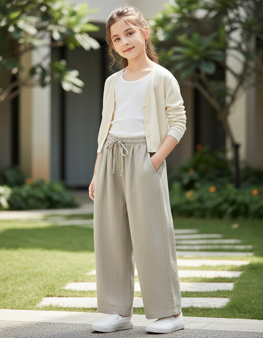 Pantalon En Lin Ample Coton Décontracté Taille Élastique - Kaki