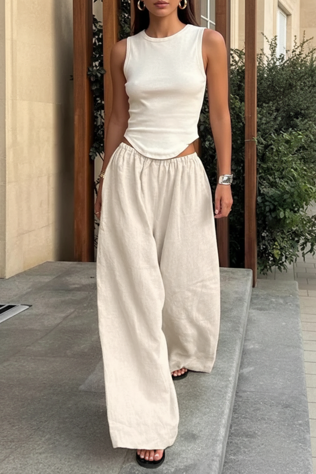 Pantalon En Lin Ample Fluide Taille Haute Beige