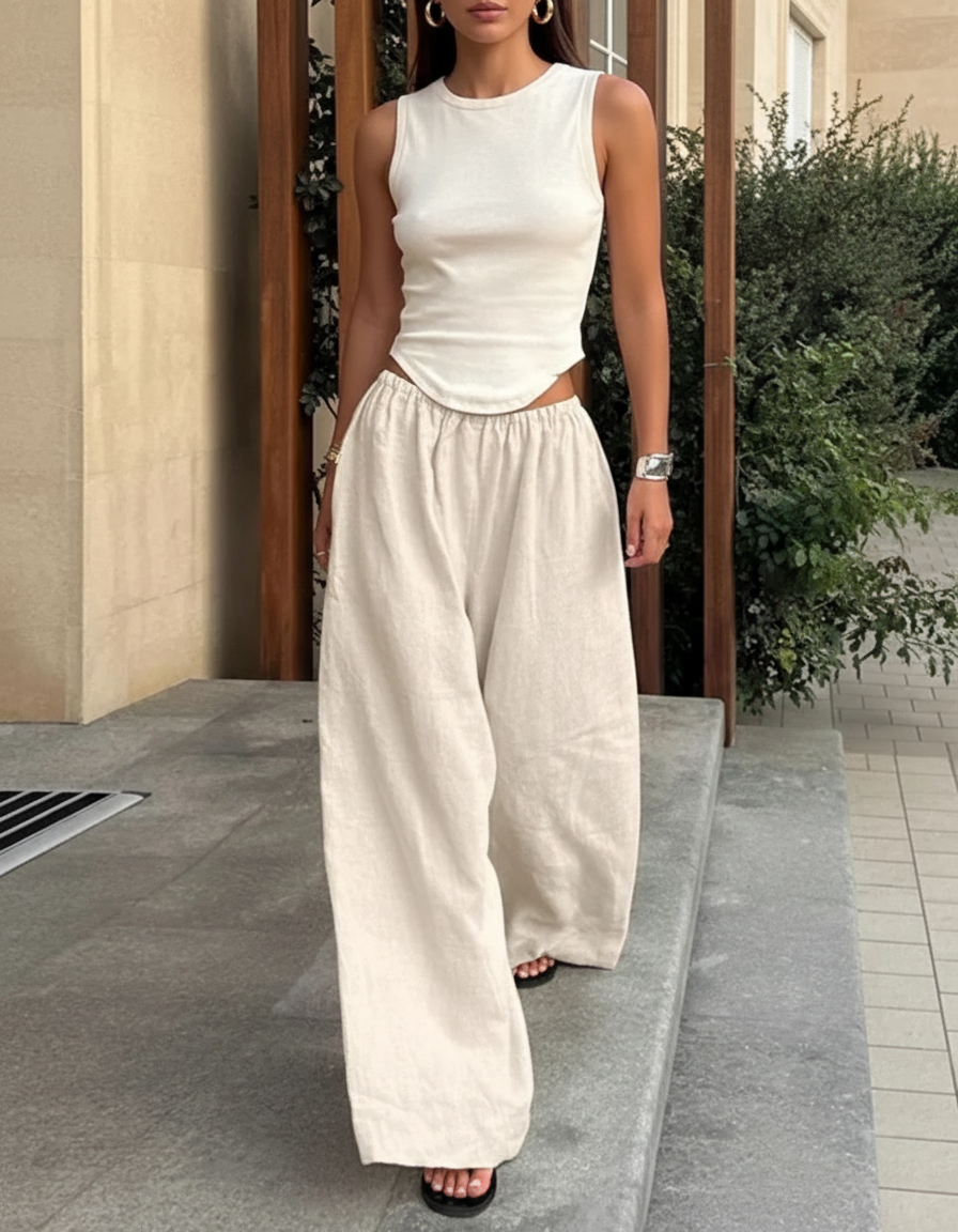 Pantalon En Lin Ample Fluide Taille Haute Beige