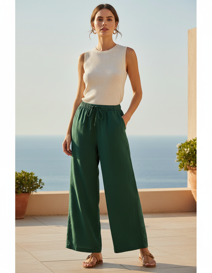 Pantalon En Lin Vert Ample Fluide Cordon Femme