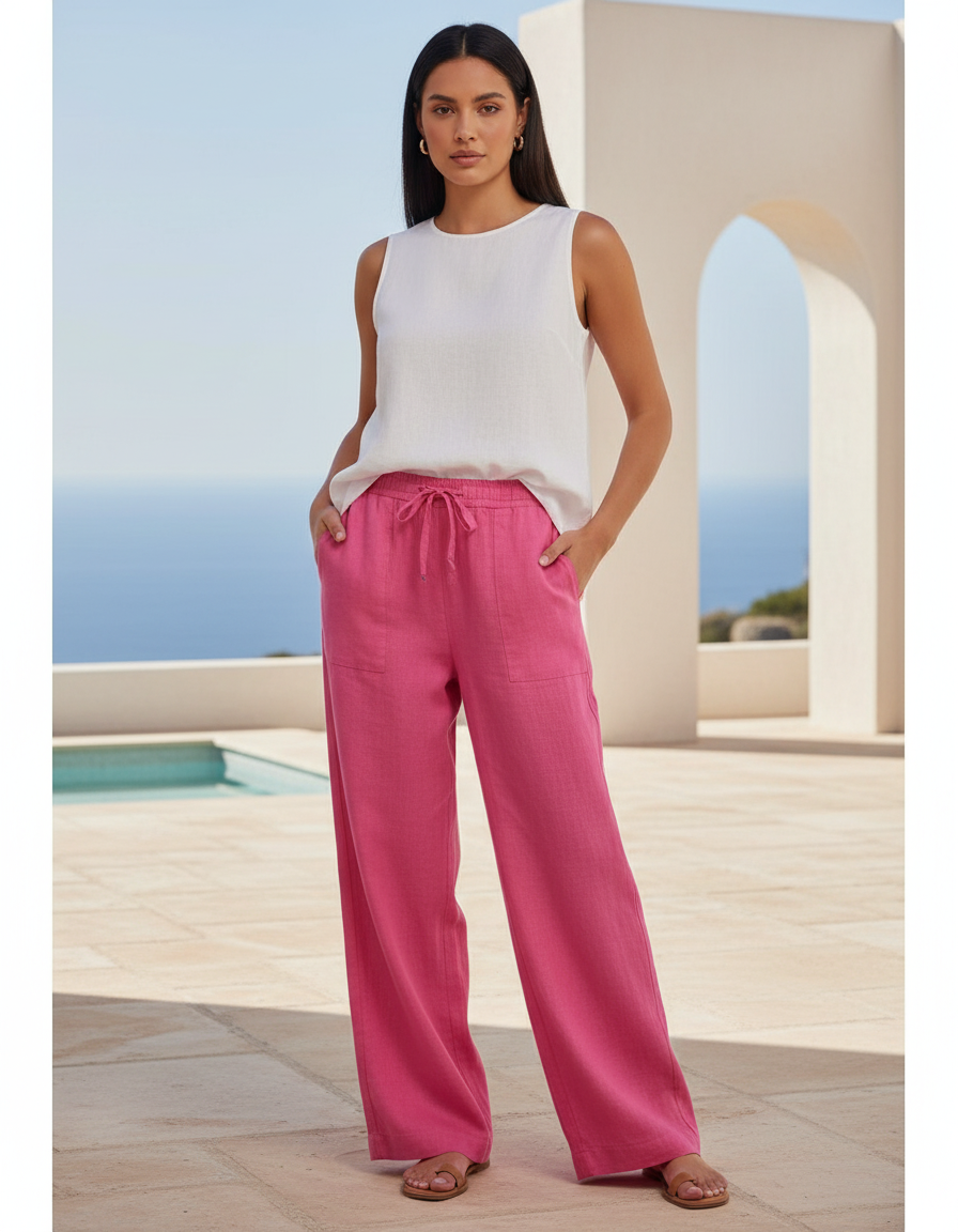 Pantalon En Lin Rose Ample Fluide Cordon Décontracté
