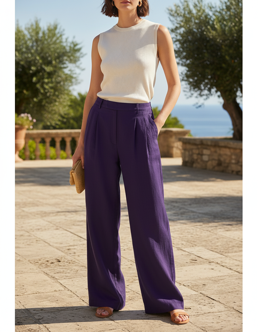 Pantalon En Lin Violet Ample Plissé Décontracté