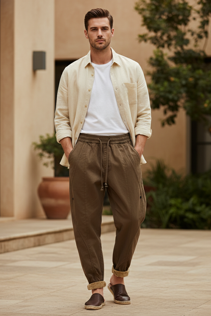 Pantalon En Lin Kaki Ample Décontracté Homme