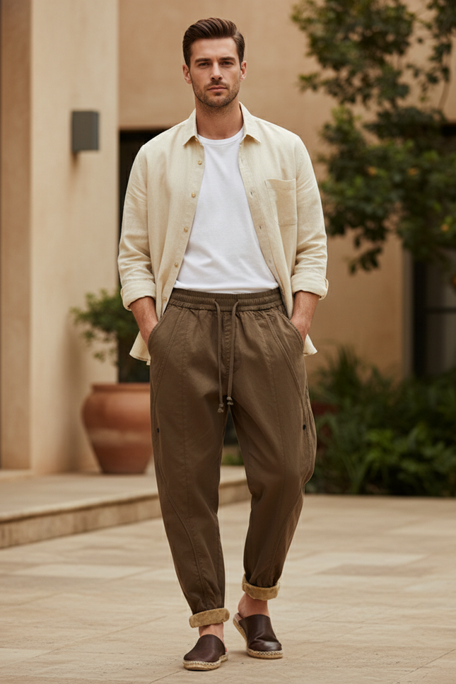 Pantalon En Lin Kaki Ample Décontracté Homme