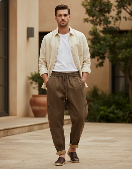 Pantalon En Lin Kaki Ample Décontracté Homme
