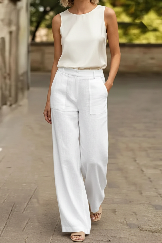 Pantalon En Lin Blanc Taille Haute Ample Élégant