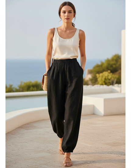 Pantalon En Lin Noir Ample Fluide Taille Élastique