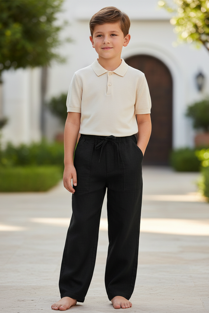 Pantalon En Lin Noir Ample Décontracté Enfant Léger