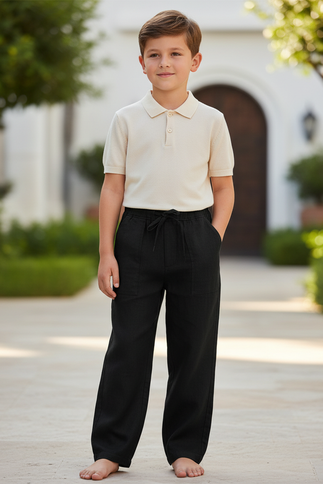 Pantalon En Lin Noir Ample Décontracté Enfant Léger