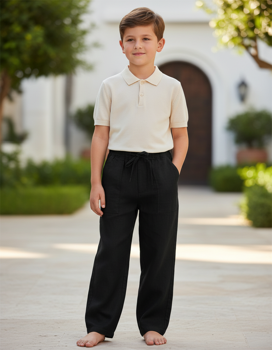 Pantalon En Lin Noir Ample Décontracté Enfant Léger