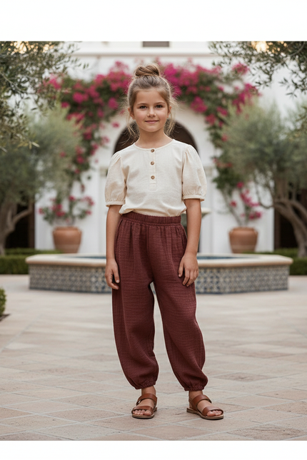 Pantalon En Lin Marron Ample Plissé Enfant - Bordeaux