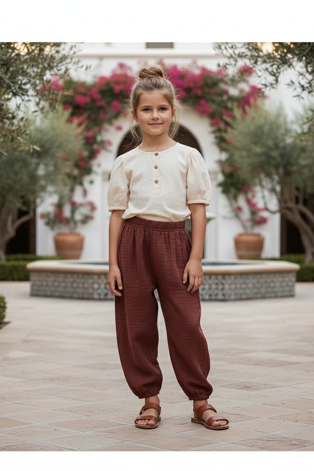 Pantalon En Lin Marron Ample Plissé Enfant - Bordeaux