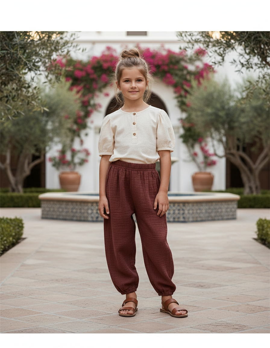 Pantalon En Lin Marron Ample Plissé Enfant - Bordeaux