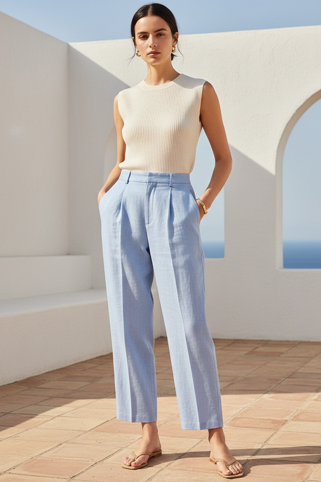 Pantalon En Lin Bleu Ciel Taille Haute Fuselé