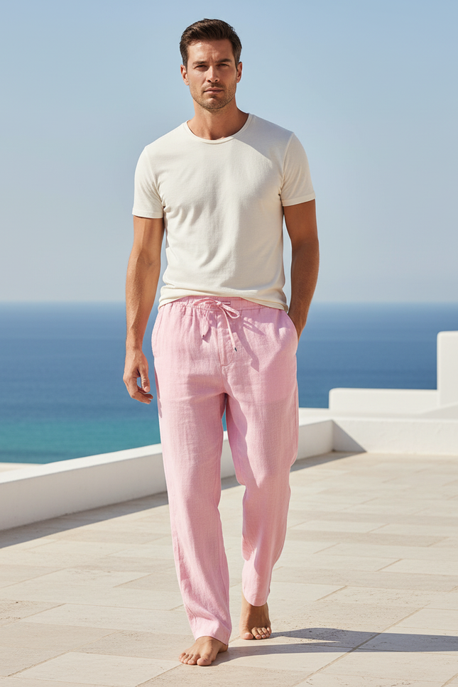 Pantalon En Lin Rose Décontracté Léger Homme Fluide