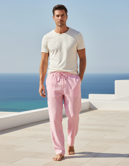Pantalon En Lin Rose Décontracté Léger Homme Fluide