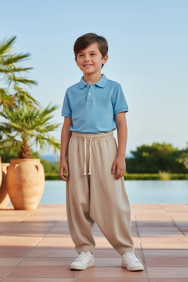 Pantalon En Lin Beige Ample Cordon Enfant Décontracté