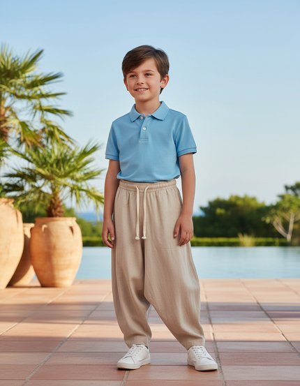 Pantalon En Lin Beige Ample Cordon Enfant Décontracté