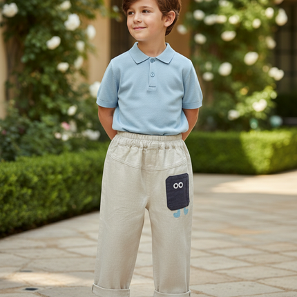 Pantalon En Lin Beige Ample Enfant Décontracté Original