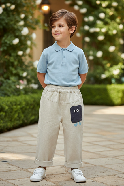 Pantalon En Lin Beige Ample Enfant Décontracté Original