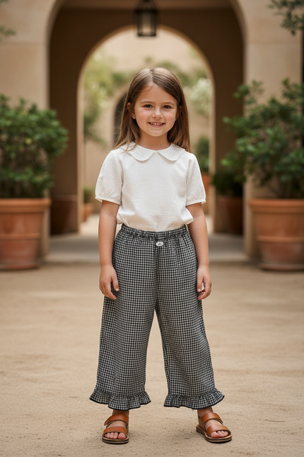 Pantalon En Lin Carreaux Noir Fille Volants Ample