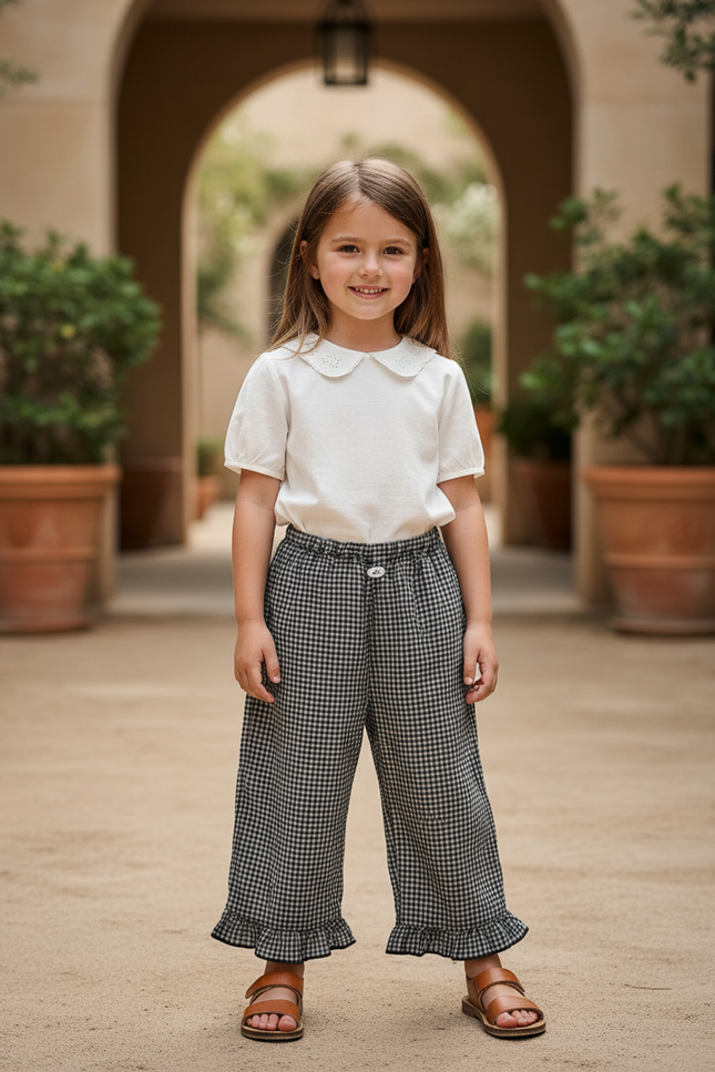 Pantalon En Lin Carreaux Noir Fille Volants Ample