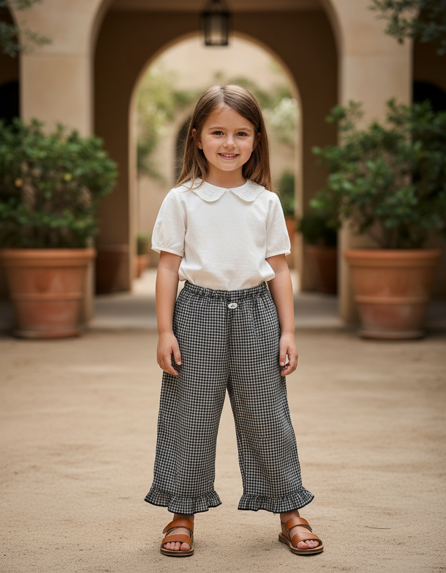 Pantalon En Lin Carreaux Noir Fille Volants Ample