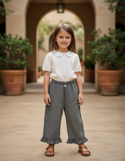 Pantalon En Lin Carreaux Noir Fille Volants Ample