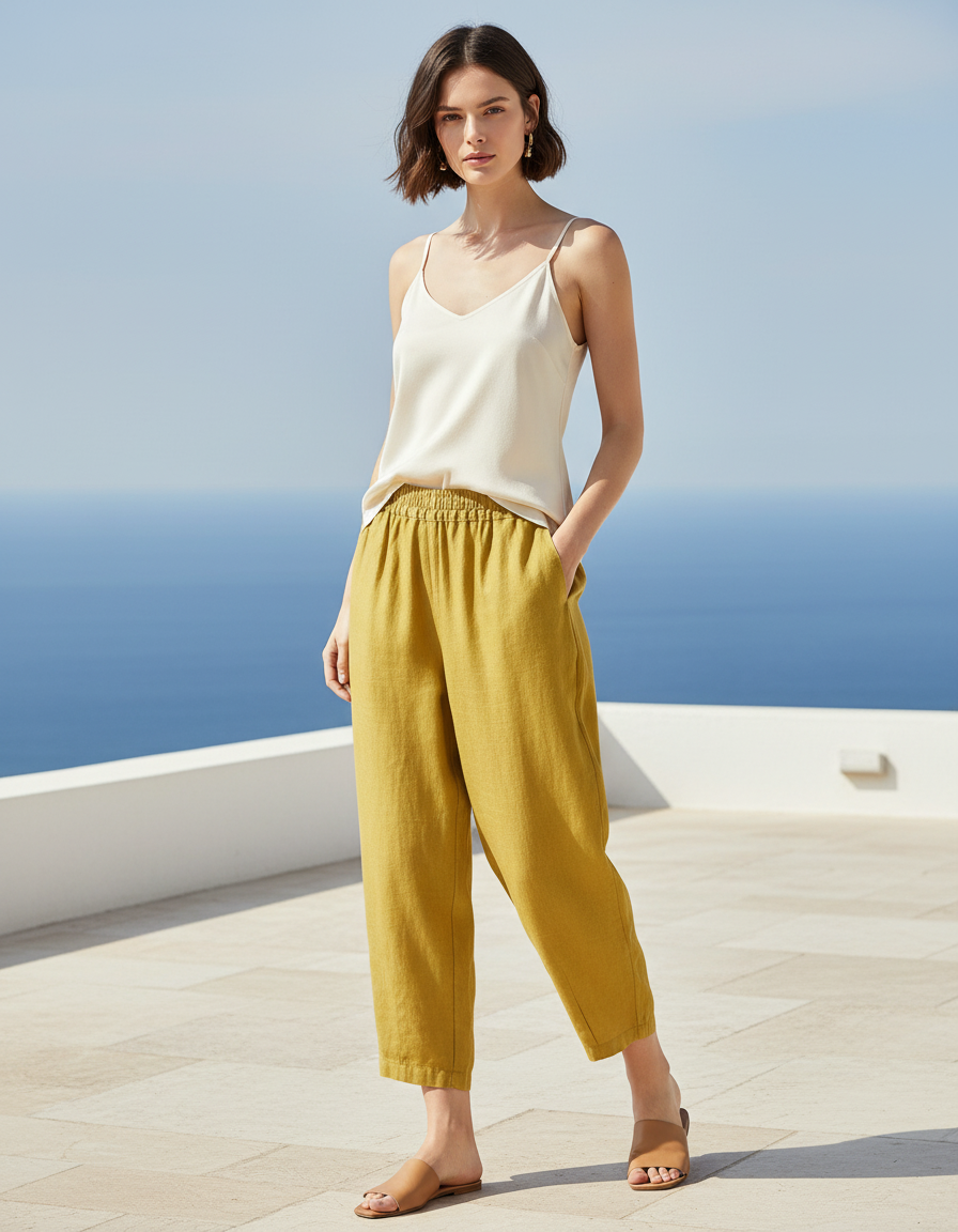 Pantalon En Lin Ample Jaune Moutarde Femme