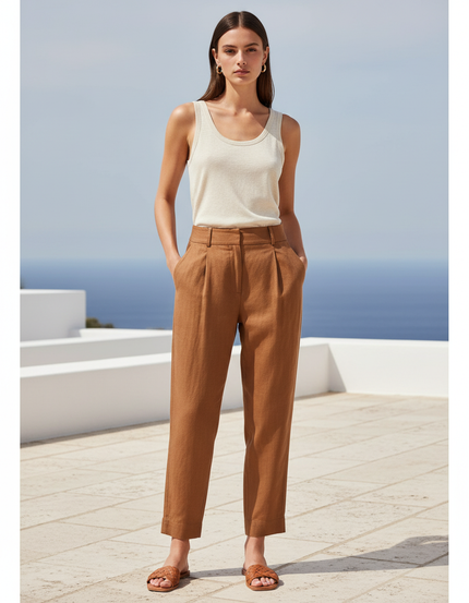 Pantalon En Lin Marron Plissé Taille Haute Ample
