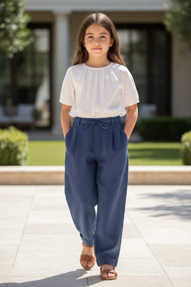 Pantalon En Lin Bleu Ample Plissé Décontracté Enfant