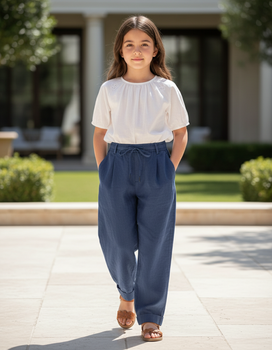 Pantalon En Lin Bleu Ample Plissé Décontracté Enfant