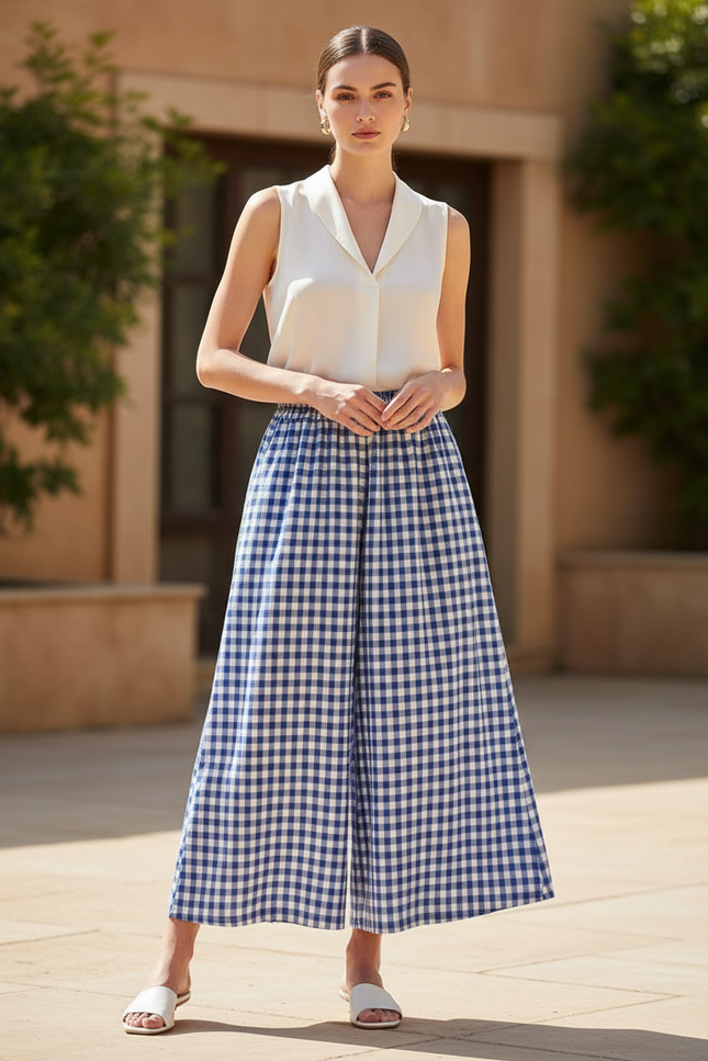 Pantalon En Lin Carreaux Bleu Ample Femme - Imprimé
