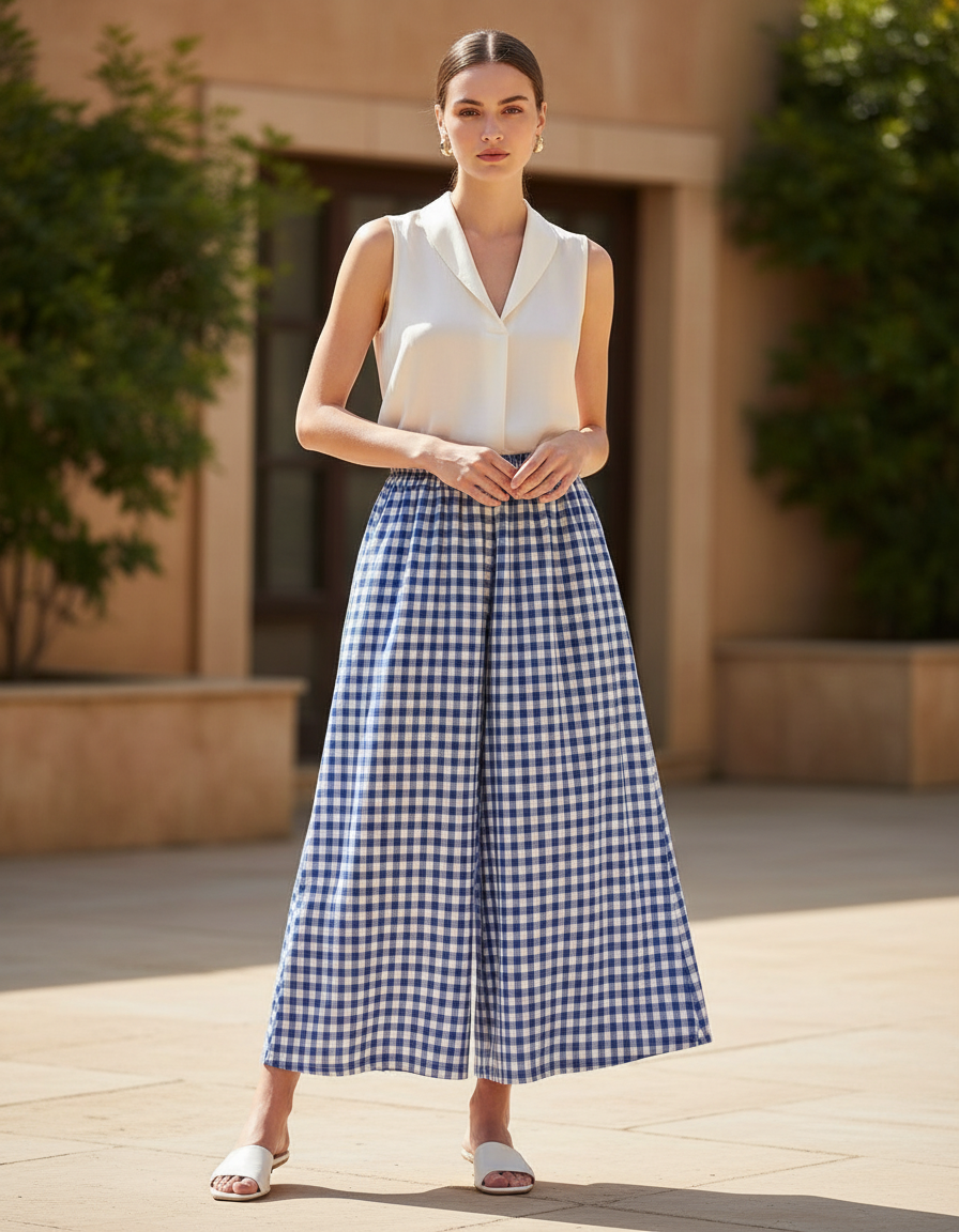 Pantalon En Lin Carreaux Bleu Ample Femme - Imprimé