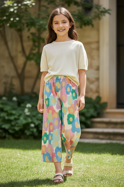 Pantalon En Lin Plissé Fleurs Multicolores Ample Fille