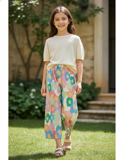 Pantalon En Lin Plissé Fleurs Multicolores Ample Fille