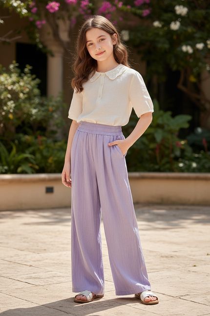 Pantalon En Lin Lavande Ample Fluide Décontracté Fille - Violet