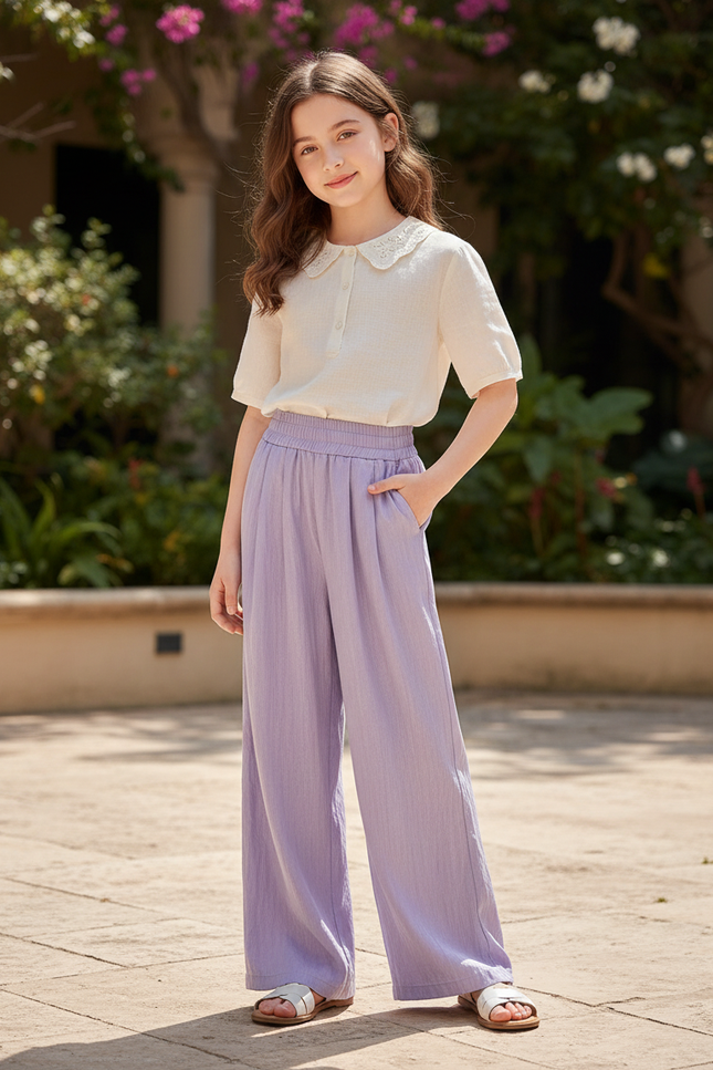 Pantalon En Lin Lavande Ample Fluide Décontracté Fille - Violet