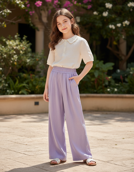 Pantalon En Lin Lavande Ample Fluide Décontracté Fille - Violet