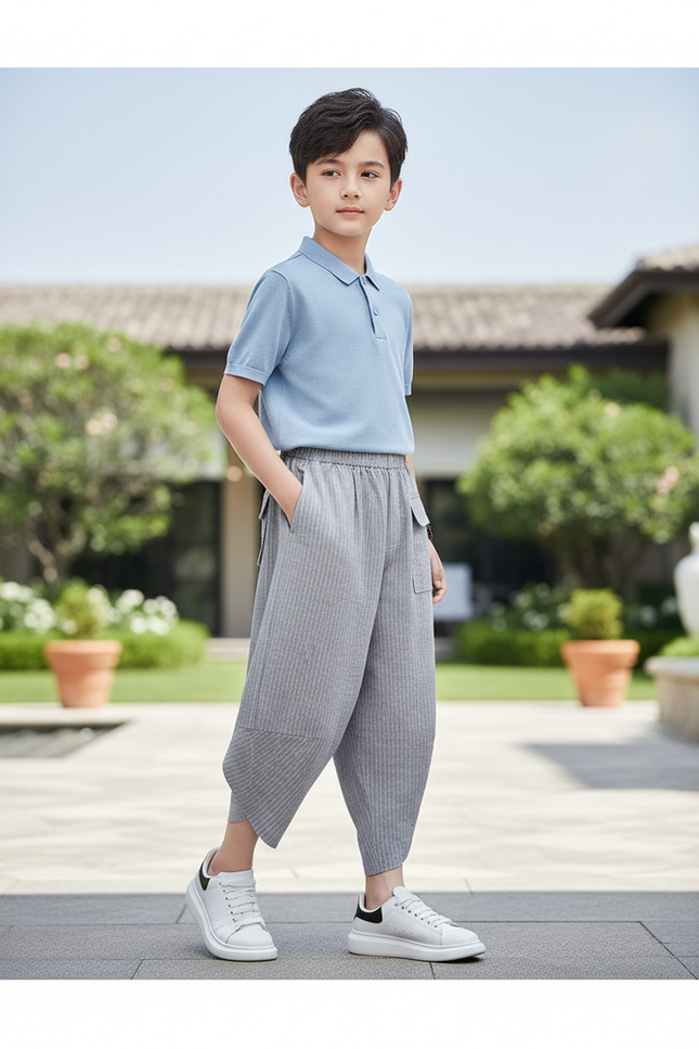 Pantalon En Lin Gris Plissé Ample Garçon Décontracté - Maille