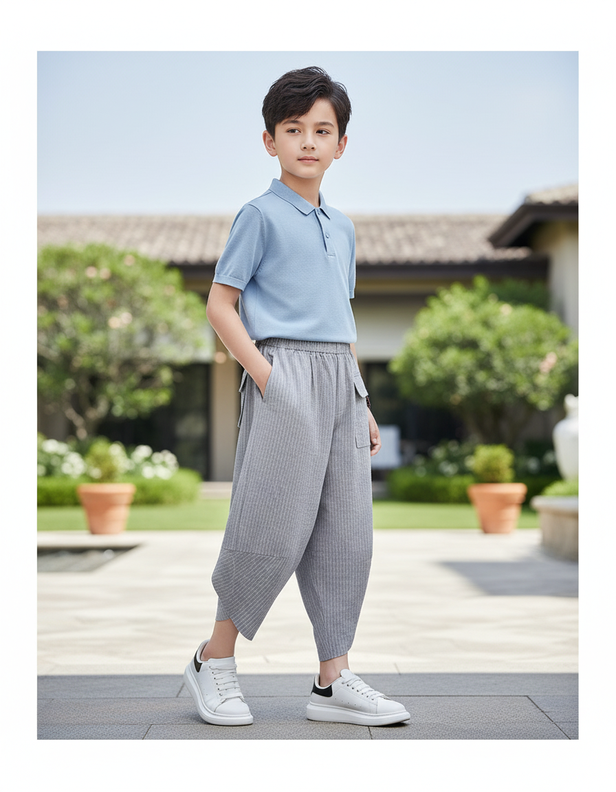 Pantalon En Lin Gris Plissé Ample Garçon Décontracté - Maille