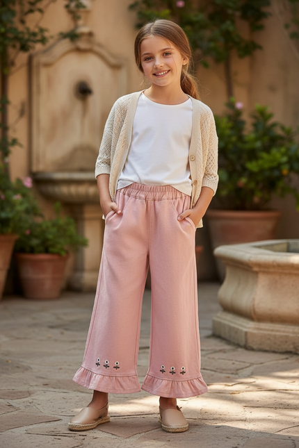 Pantalon En Lin Rose Volants Brodés Ample Fille - Molleton